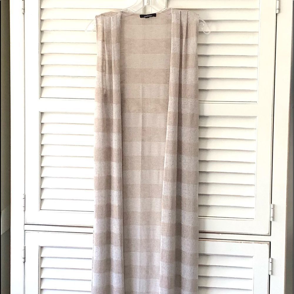 Long Duster Vest Taupe White Stripe Small